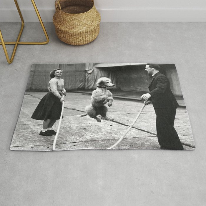 Poodle Jumping Rope, Black and White, Vintage Art Rug Gallery Image 1