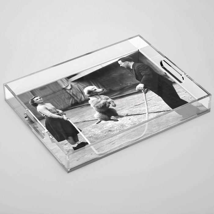 Poodle Jumping Rope, Black and White, Vintage Art Acrylic Tray Gallery Image 1