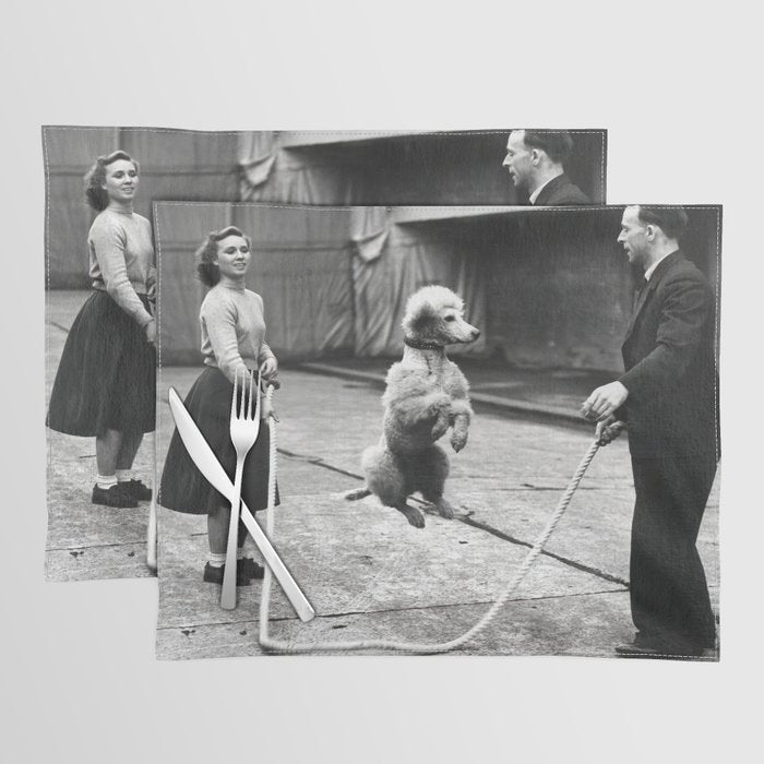 Poodle Jumping Rope, Black and White, Vintage Art Placemat Gallery Image 1