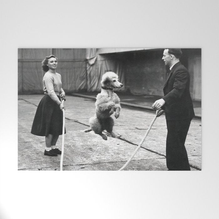 Poodle Jumping Rope, Black and White, Vintage Art Welcome Mat Gallery Image 1