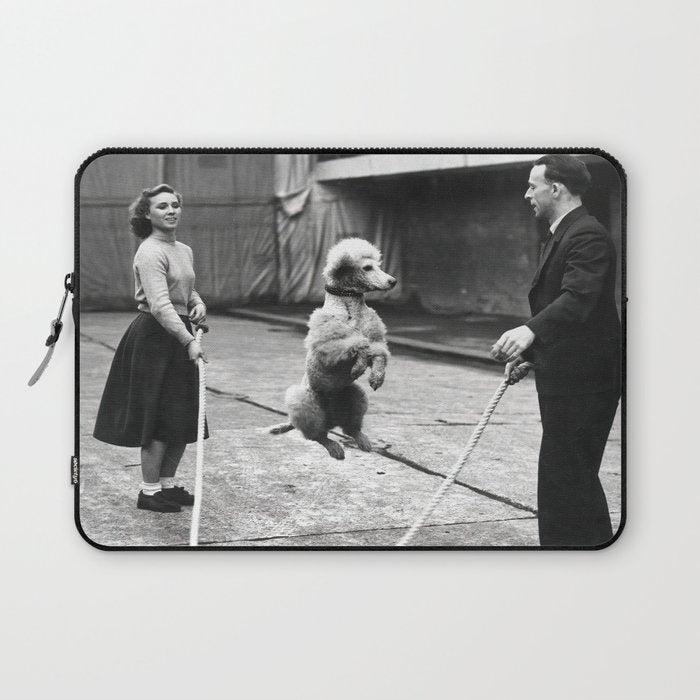 Poodle Jumping Rope, Black and White, Vintage Art Laptop Sleeve Gallery Image 1
