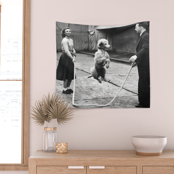 Poodle Jumping Rope, Black and White, Vintage Art Wall Tapestry Gallery Image 2