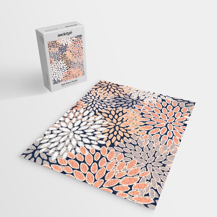 Floral Prints, Navy, Coral, Peach and Gray, Abstract Art, Coloured Prints Jigsaw Puzzle Gallery Image 2