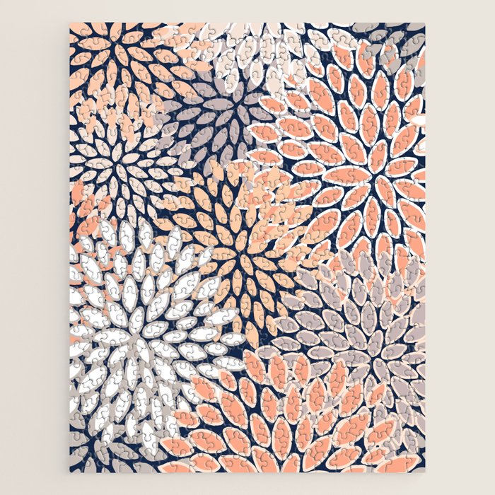 Floral Prints, Navy, Coral, Peach and Gray, Abstract Art, Coloured Prints Jigsaw Puzzle Gallery Image 1