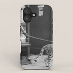 Woman with Cheetah, Phyllis Gordon, with her pet Kenyan cheetah, Paris, France black and white photo iPhone Case Gallery Image 1