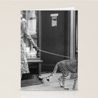Woman with Cheetah, Phyllis Gordon, with her pet Kenyan cheetah, Paris, France black and white photo Stationery Card Gallery Image 2