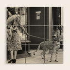 Woman with Cheetah, Phyllis Gordon, with her pet Kenyan cheetah, Paris, France black and white photo Wood Wall Art Gallery Image 1