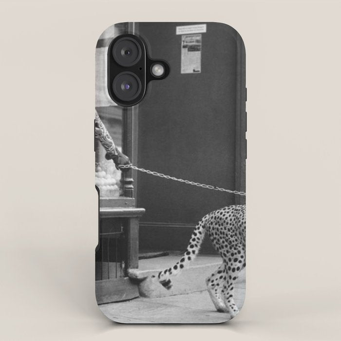 Woman with Cheetah, Phyllis Gordon, with her pet Kenyan cheetah, Paris, France black and white photo iPhone Case Gallery Image 1