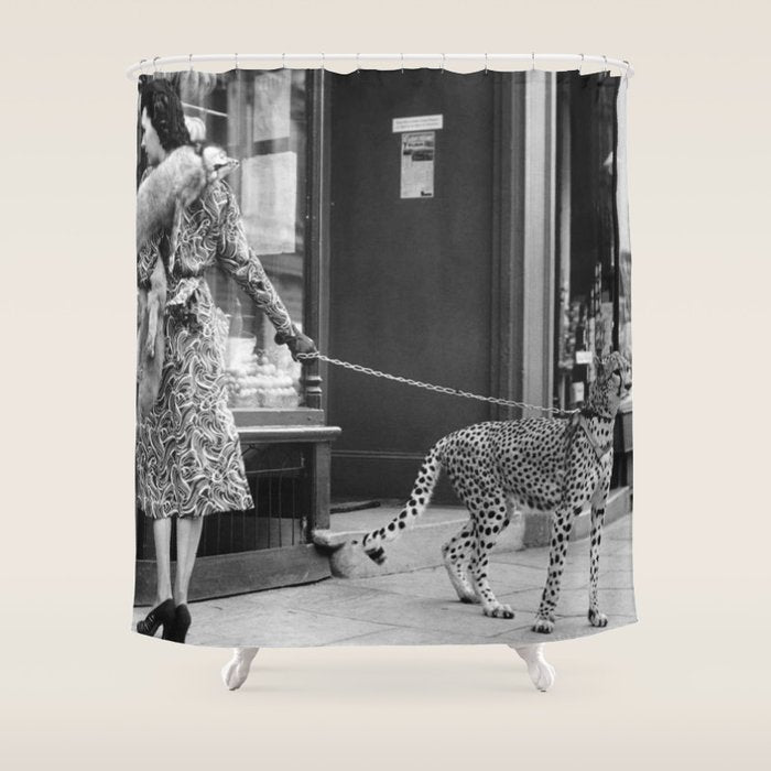 Woman with Cheetah, Phyllis Gordon, with her pet Kenyan cheetah, Paris, France black and white photo Shower Curtain Gallery Image 1