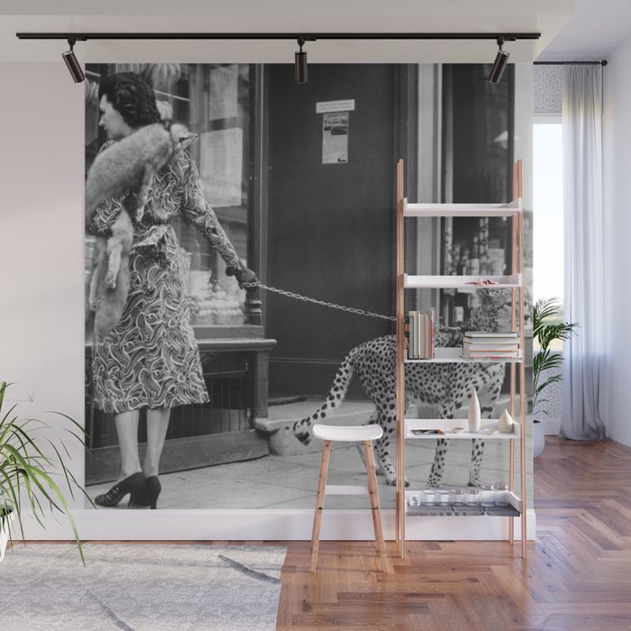 Woman with Cheetah, Phyllis Gordon, with her pet Kenyan cheetah, Paris, France black and white photo Wall Mural Gallery Image 1