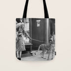 Woman with Cheetah, Phyllis Gordon, with her pet Kenyan cheetah, Paris, France black and white photo Tote Bag Gallery Image 1