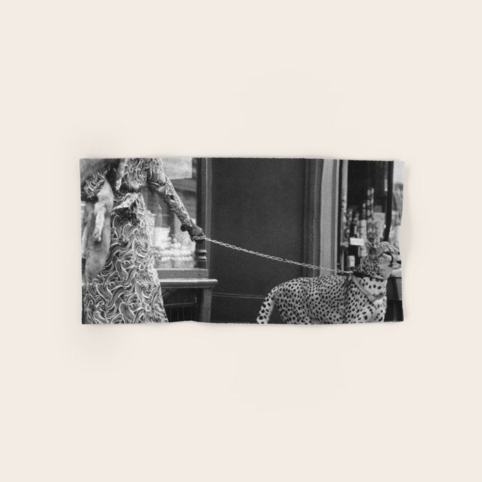 Woman with Cheetah, Phyllis Gordon, with her pet Kenyan cheetah, Paris, France black and white photo Bath Towel Gallery Image 1