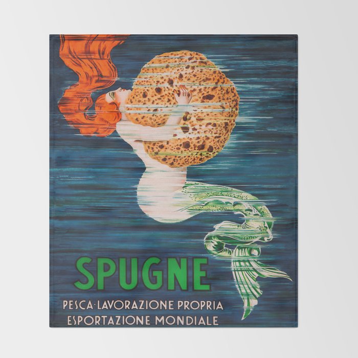 Mermaid with Sponge Vintage Poster Throw Blanket Gallery Image 2