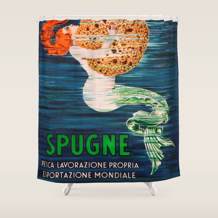Mermaid with Sponge Vintage Poster Shower Curtain Gallery Image 1