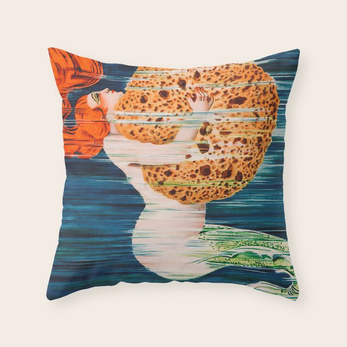 Mermaid with Sponge Vintage Poster Throw Pillow Gallery Image 6