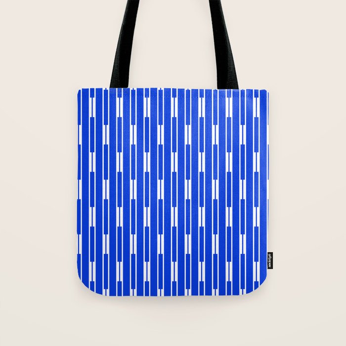 Geo Chain Vertical Block Stripe Pattern in Royal Blue and White Tote Bag Gallery Image 1