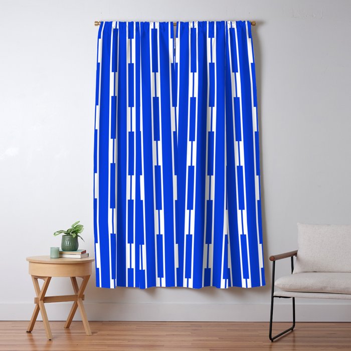 Geo Chain Vertical Block Stripe Pattern in Royal Blue and White Window Curtain Gallery Image 1
