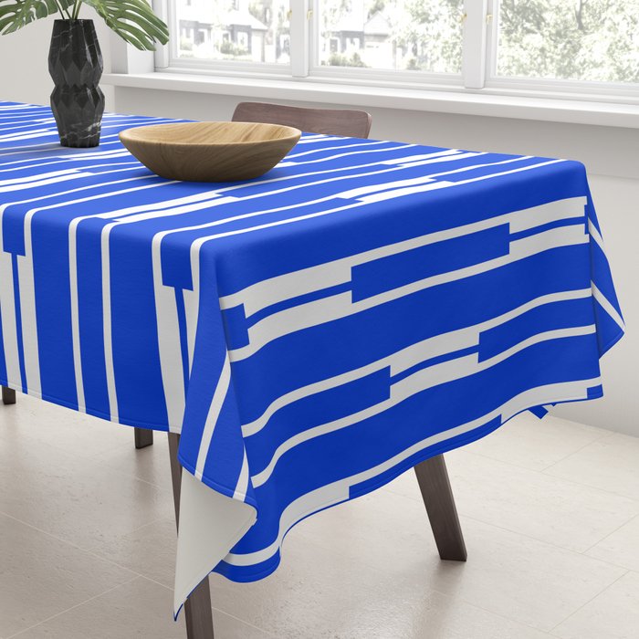 Geo Chain Vertical Block Stripe Pattern in Royal Blue and White Tablecloth Gallery Image 3