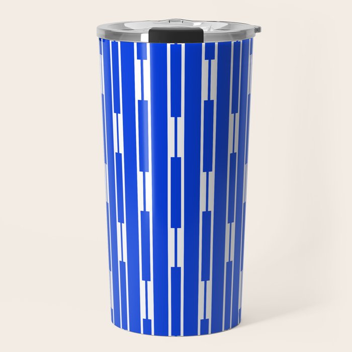 Geo Chain Vertical Block Stripe Pattern in Royal Blue and White Travel Mug Gallery Image 1