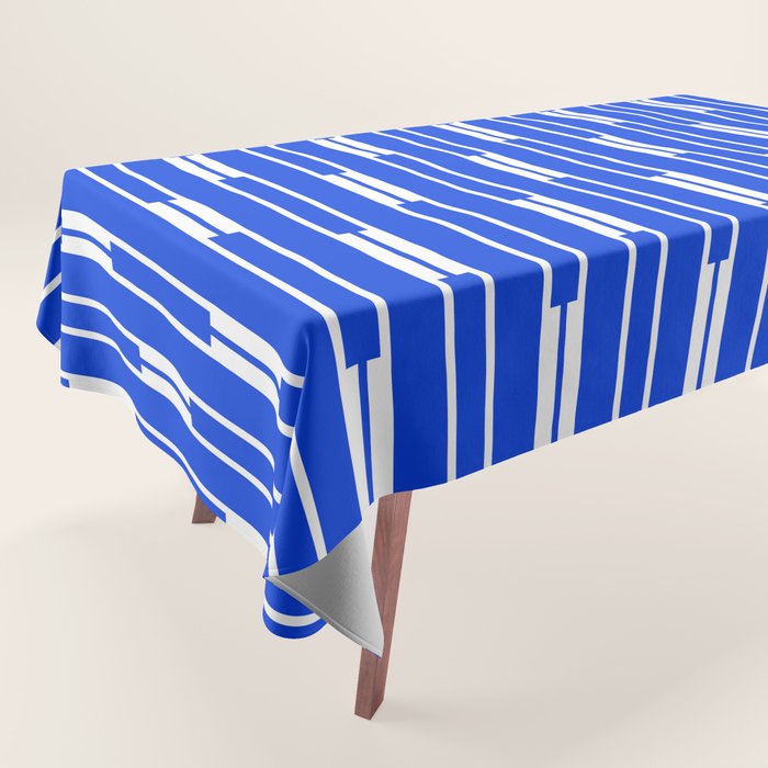 Geo Chain Vertical Block Stripe Pattern in Royal Blue and White Tablecloth Gallery Image 1