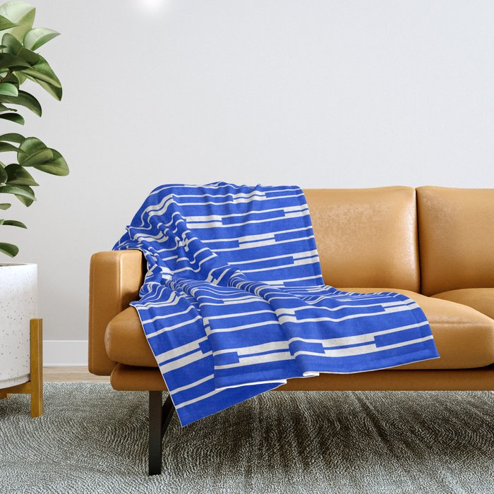 Geo Chain Vertical Block Stripe Pattern in Royal Blue and White Throw Blanket Gallery Image 1
