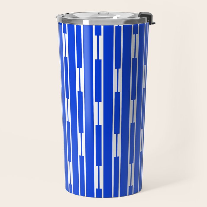 Geo Chain Vertical Block Stripe Pattern in Royal Blue and White Travel Mug Gallery Image 2