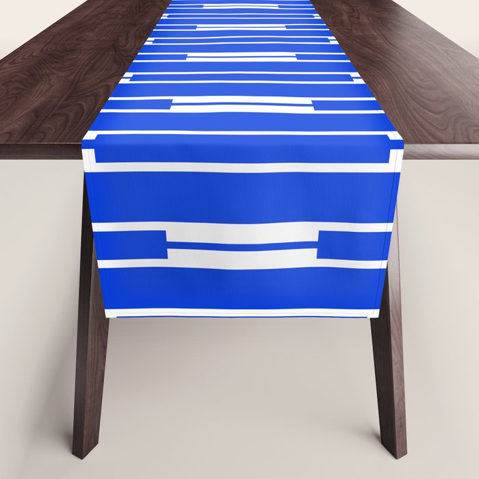 Geo Chain Vertical Block Stripe Pattern in Royal Blue and White Table Runner Gallery Image 1