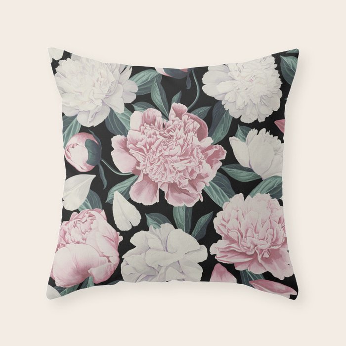 Chic Peonies on Black Throw Pillow Gallery Image 1
