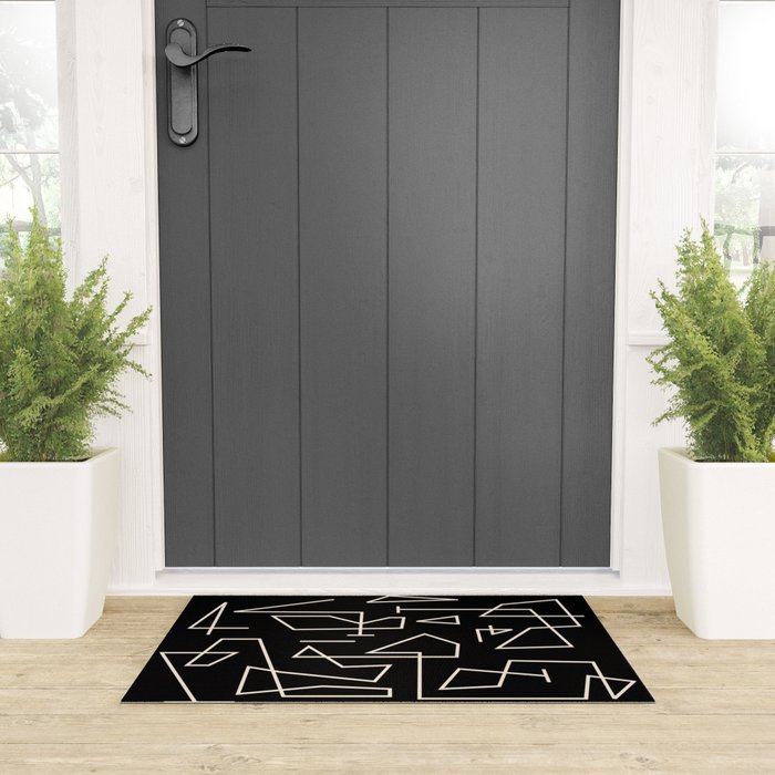 Peripatesis Modern Minimalist Abstract Line Art in Black and Almond Cream Welcome Mat Gallery Image 3