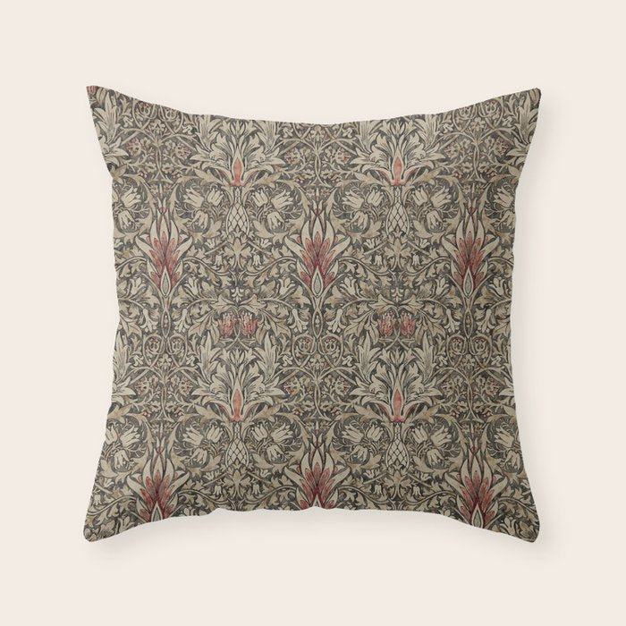 William Morris Vintage Snakeshead Charcoal Spice Pattern  Throw Pillow Gallery Image 6