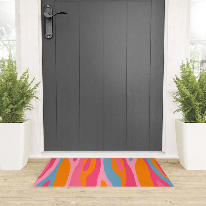 Colorful Eclectic Abstract Wild Stripes Pattern in Pink Orange Blue Welcome Mat Gallery Image 3