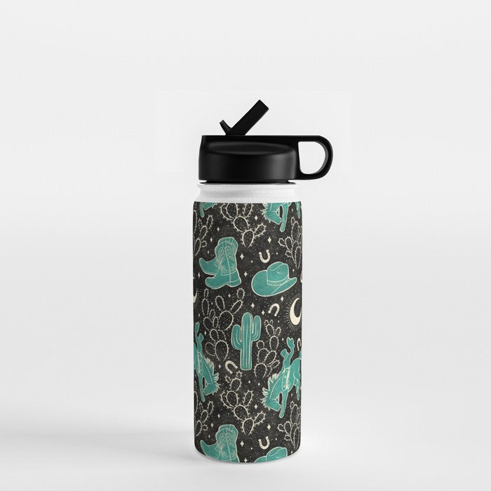 Cowboys and Cacti - black and dark turquoise  Water Bottle Gallery Image 1
