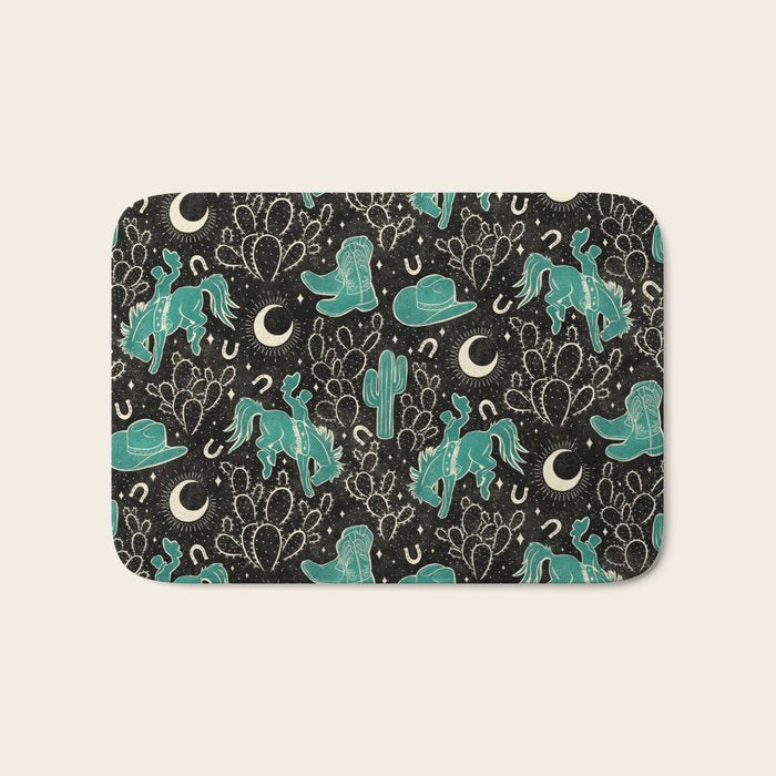 Cowboys and Cacti - black and dark turquoise  Bath Mat Gallery Image 1