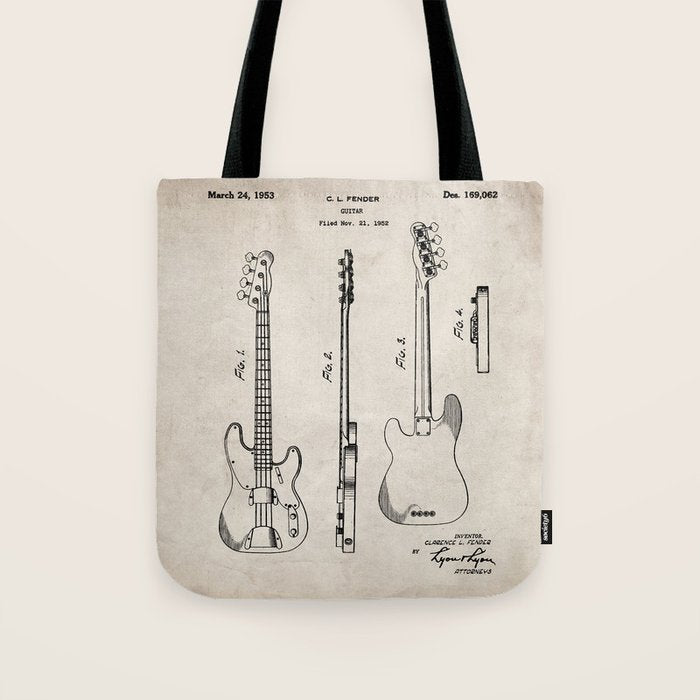 Bass Guitar Patent - Bass Guitarist Art - Antique Tote Bag Gallery Image 1