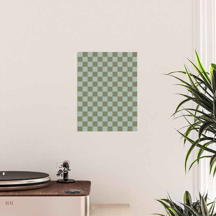 Checkerboard Check Checked Pattern in Vintage Olive Green and Pale Celadon Teal Blue Poster Gallery Image 2