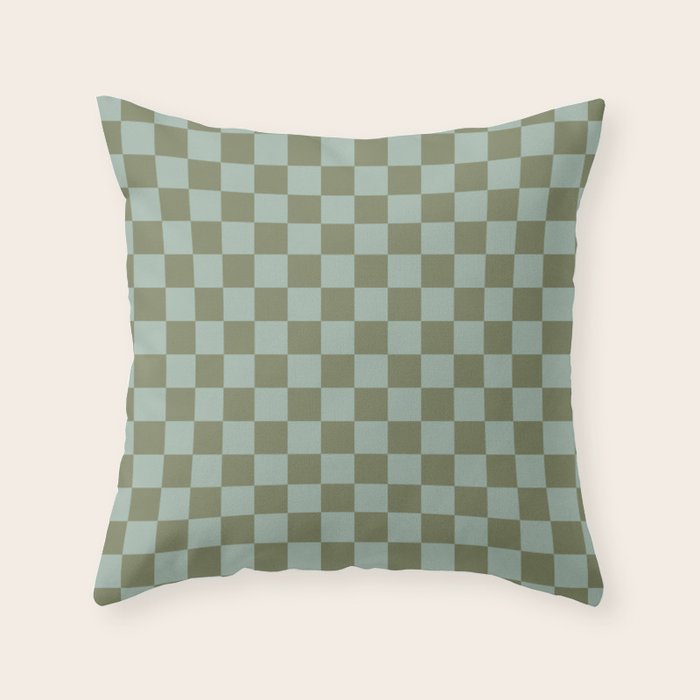 Checkerboard Check Checked Pattern in Vintage Olive Green and Pale Celadon Teal Blue Throw Pillow Gallery Image 1