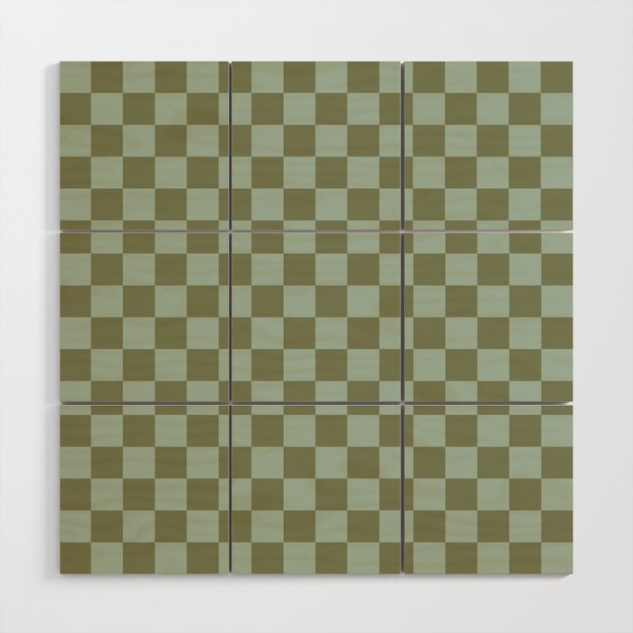 Checkerboard Check Checked Pattern in Vintage Olive Green and Pale Celadon Teal Blue Wood Wall Art Gallery Image 1