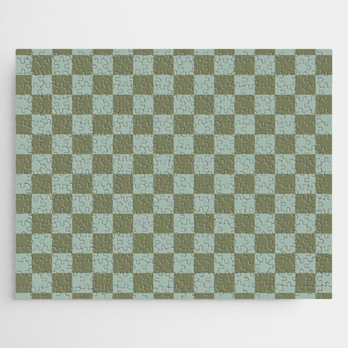 Checkerboard Check Checked Pattern in Vintage Olive Green and Pale Celadon Teal Blue Jigsaw Puzzle Gallery Image 1