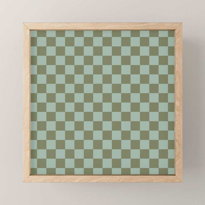 Checkerboard Check Checked Pattern in Vintage Olive Green and Pale Celadon Teal Blue Mini Art Print Gallery Image 1