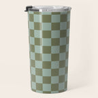 Checkerboard Check Checked Pattern in Vintage Olive Green and Pale Celadon Teal Blue Travel Mug Gallery Image 3