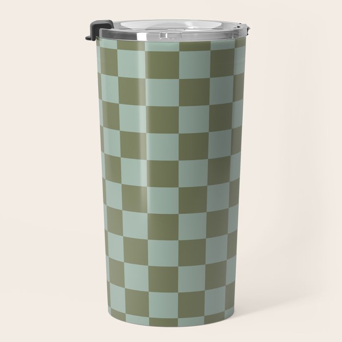 Checkerboard Check Checked Pattern in Vintage Olive Green and Pale Celadon Teal Blue Travel Mug Gallery Image 3