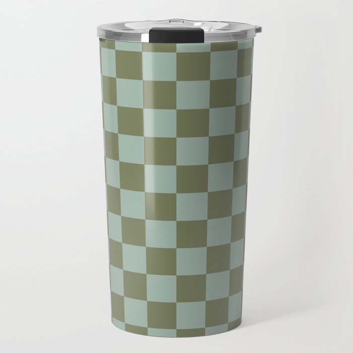 Checkerboard Check Checked Pattern in Vintage Olive Green and Pale Celadon Teal Blue Travel Mug Gallery Image 1