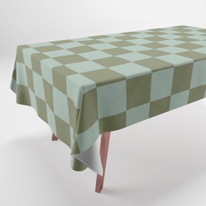 Checkerboard Check Checked Pattern in Vintage Olive Green and Pale Celadon Teal Blue Tablecloth Gallery Image 1