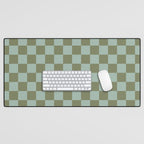 Checkerboard Check Checked Pattern in Vintage Olive Green and Pale Celadon Teal Blue Desk Mat Gallery Image 1