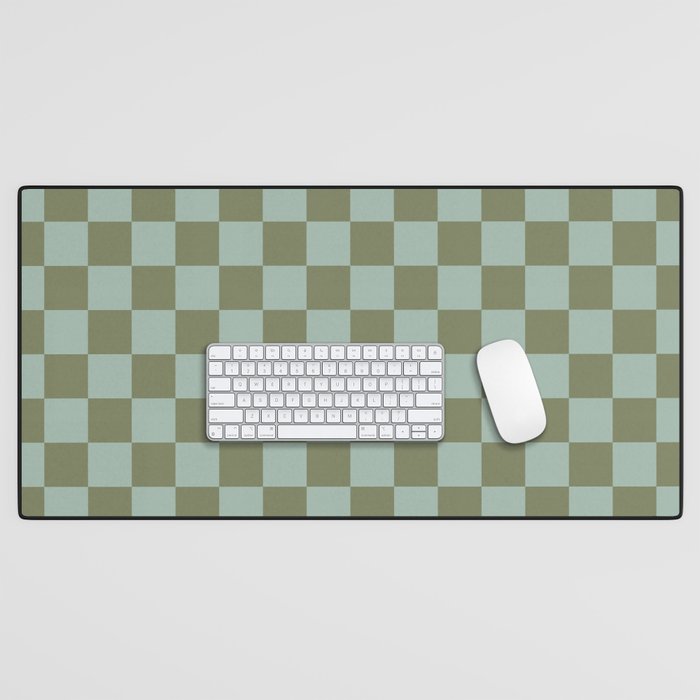 Checkerboard Check Checked Pattern in Vintage Olive Green and Pale Celadon Teal Blue Desk Mat Gallery Image 1