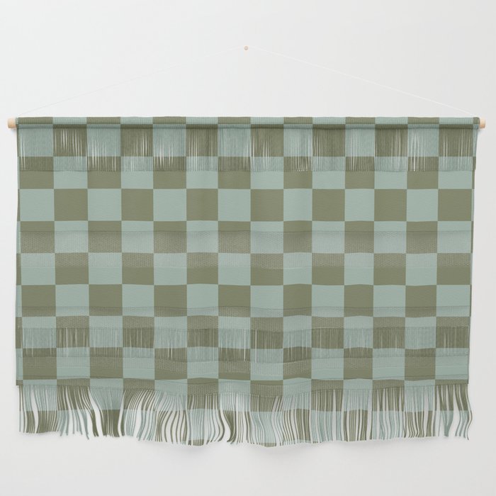 Checkerboard Check Checked Pattern in Vintage Olive Green and Pale Celadon Teal Blue Wall Hanging Gallery Image 1