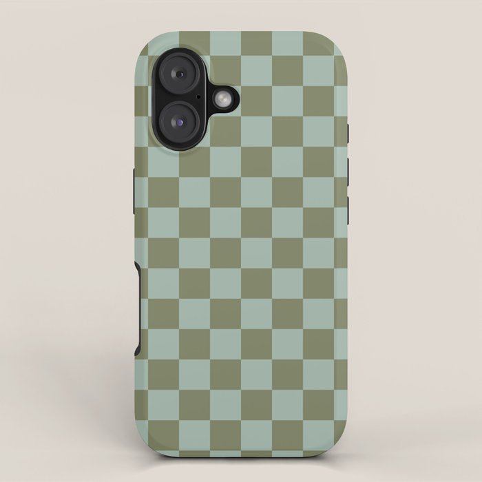 Checkerboard Check Checked Pattern in Vintage Olive Green and Pale Celadon Teal Blue iPhone Case Gallery Image 1