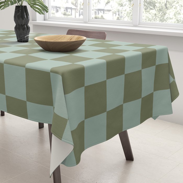 Checkerboard Check Checked Pattern in Vintage Olive Green and Pale Celadon Teal Blue Tablecloth Gallery Image 3