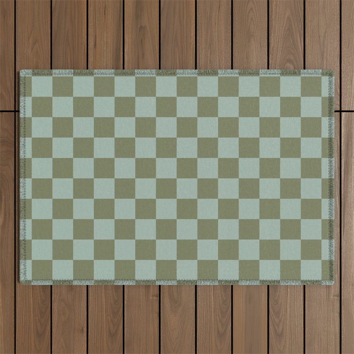 Checkerboard Check Checked Pattern in Vintage Olive Green and Pale Celadon Teal Blue Outdoor Rug Gallery Image 1