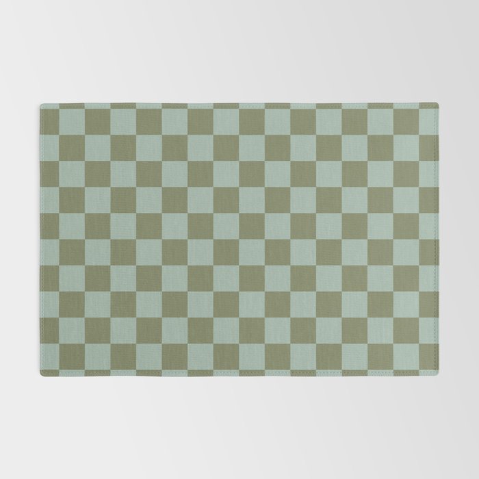 Checkerboard Check Checked Pattern in Vintage Olive Green and Pale Celadon Teal Blue Rug Gallery Image 2